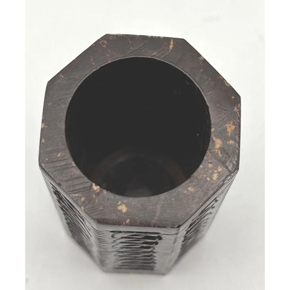 Hand Carved Soapstone Pen Stand Pierced Botanical Hexagon Dark Stone Vase 4in
